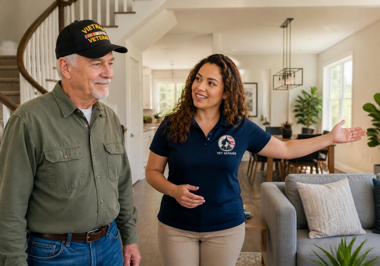 A housing representative giving an older veteran a warm walkthrough of a comfortable shared home